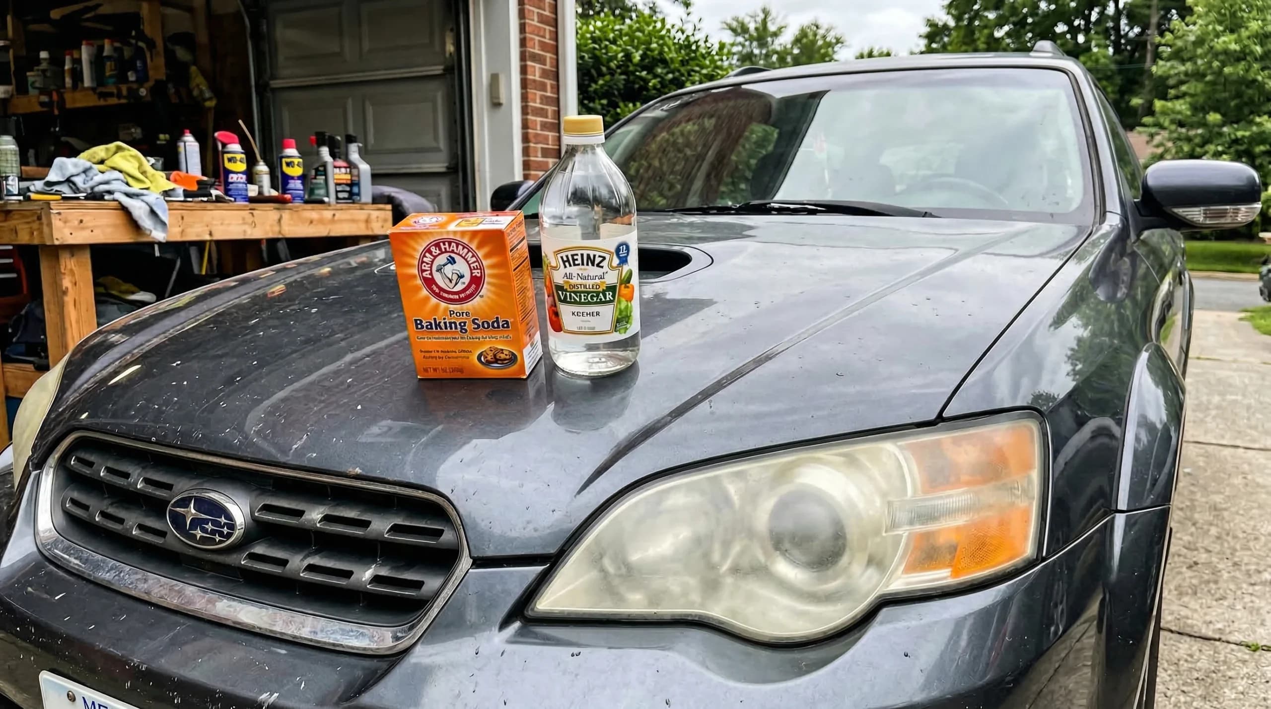 Capot de voiture avec bicarbonate et vinaigre