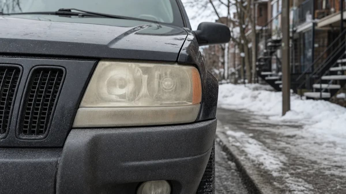 Phares jaunis et opaques d'un Jeep Grand Cherokee garé dans une rue de Montréal en hiver