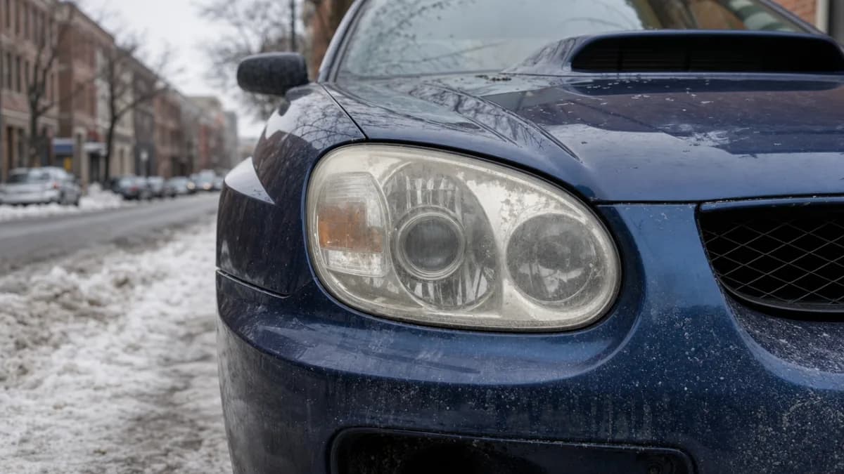 Phares avant d'une Subaru WRX garée dans une rue de Montréal en hiver, avec traces de sel et légère opacité visible sur les lentilles