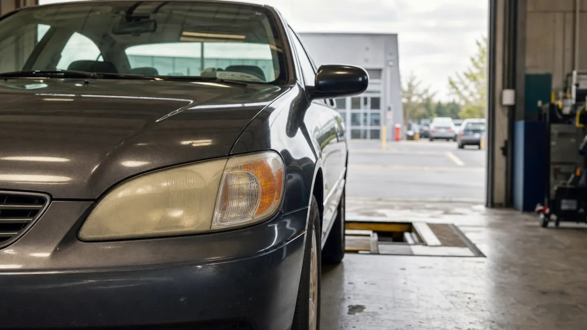 Voiture arrêtée devant un poste d'inspection avec des phares jaunis bien visibles